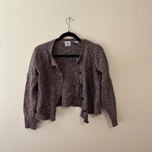 Cropped Brown and Grey Wool Cardigan with Leather Buttons